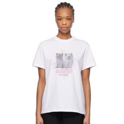 GANNI 白色 Basic Jersey Kittens Relaxed 平纹针织 T 恤<br />       6.6折 $96（约691.63元）