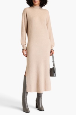 BRUNELLO CUCINELLI 饰有串珠的罗纹羊驼毛棉混纺中长连衣裙<br />       4.5折 $1348（约9562.85元）