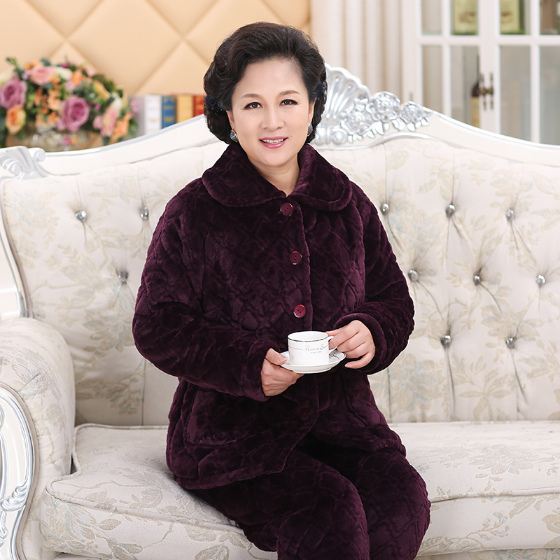 【券后价:59元】 中老年法兰绒三层加厚夹棉珊瑚绒睡衣套装 - 羽艺旗舰店