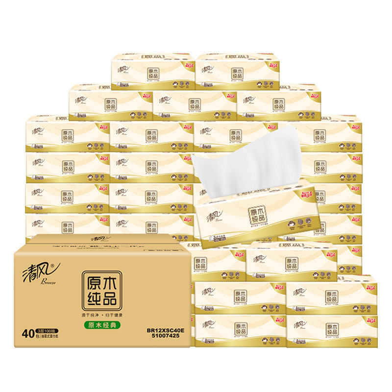 【券后价:59.9元】 单包0.9！清风抽纸原木纯品3层100抽*40包 - 天猫超市