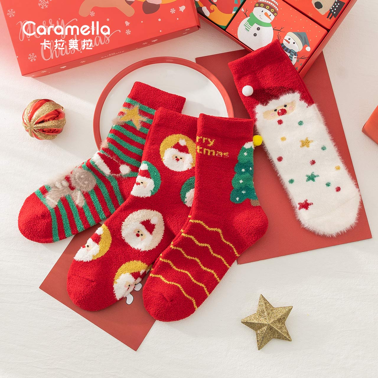 【券后价:30.91元】 caramella加厚袜子女冬季中筒红色圣诞袜4双 - caramella服饰旗舰店