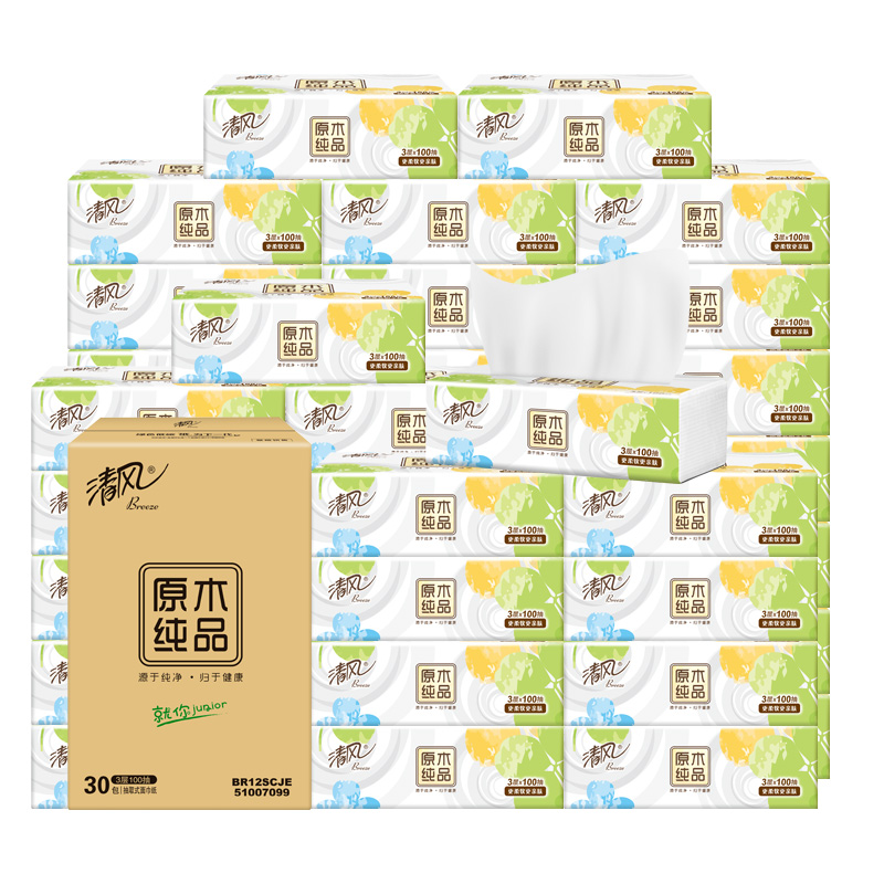 【券后价:59.9元】 送27猫卡！清风原木纯品抽纸3层100抽30包 - 天猫超市