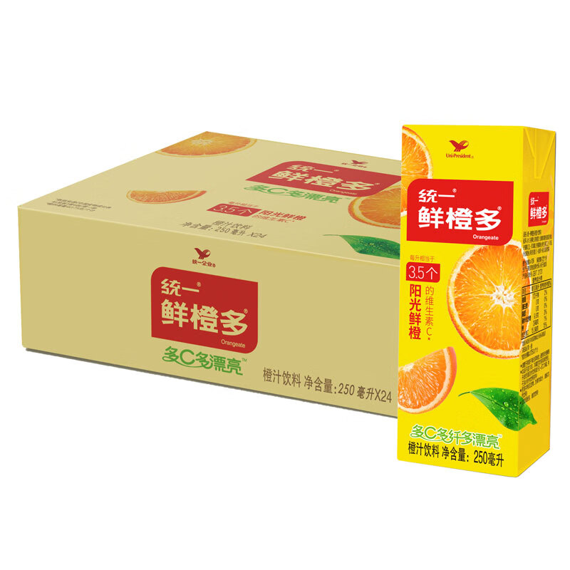 统一鲜橙多饮料24盒/箱
买2件9折叠59-20元劵买2件，折17.81元/件
