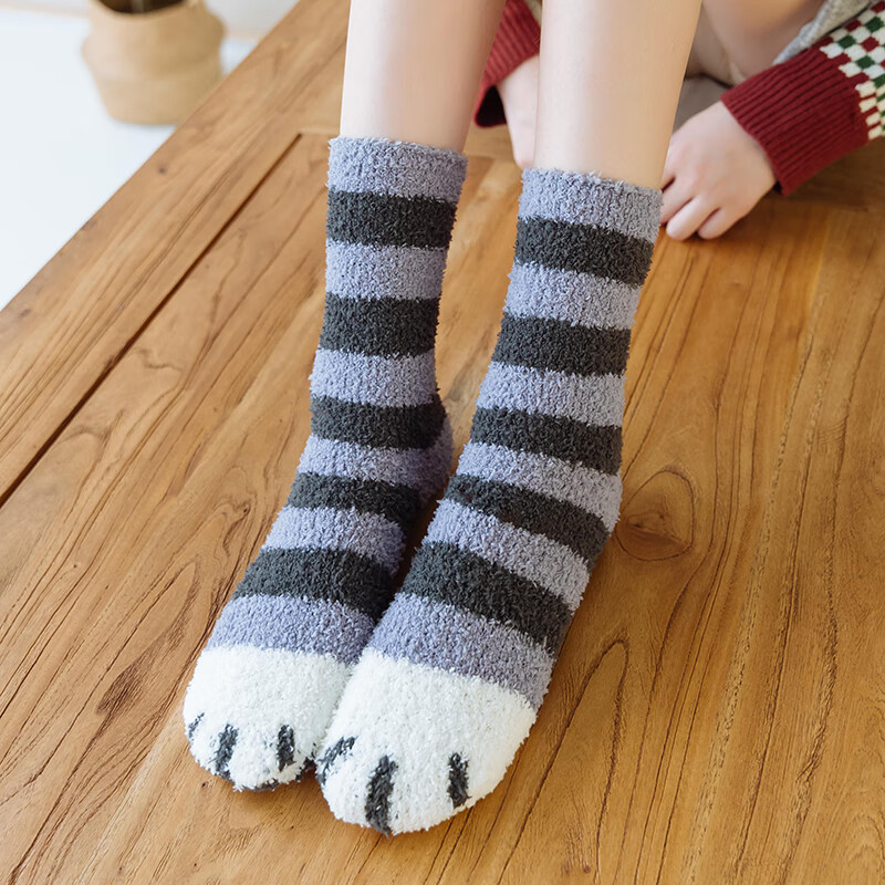 【补贴价:1.9元】 1/2/6双袜子女中筒秋冬季加厚保暖加绒家居珊瑚绒睡眠毛巾地板猫爪月子袜毛绒袜 蓝灰条1双
