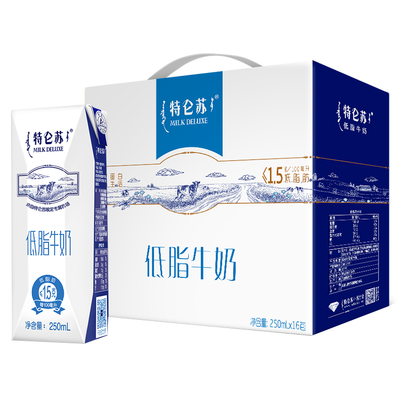 好价-蒙牛 特仑苏低脂牛奶 中秋送礼推荐  礼盒  250ml*16
 
京喜app端72.5元，买1送1，送午餐肉 买3份折39.87元一份