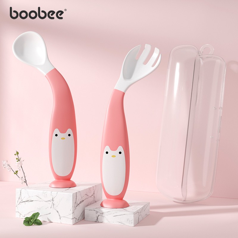 布比（BOOBEE）宝宝学吃饭训练弯头叉勺套装 9.9元
