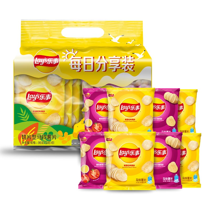 食品饮料70-20	

乐事Lay's薯片（原味味+番茄味）12克*8包
拍4件【17.6】+邮费
