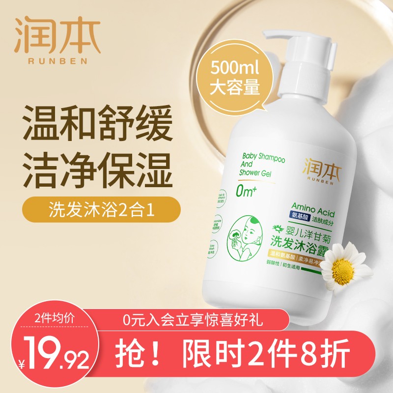润本（RUNBEN）婴儿洋甘菊洗护二合一沐浴露洗发水500ml 到手14.9元
