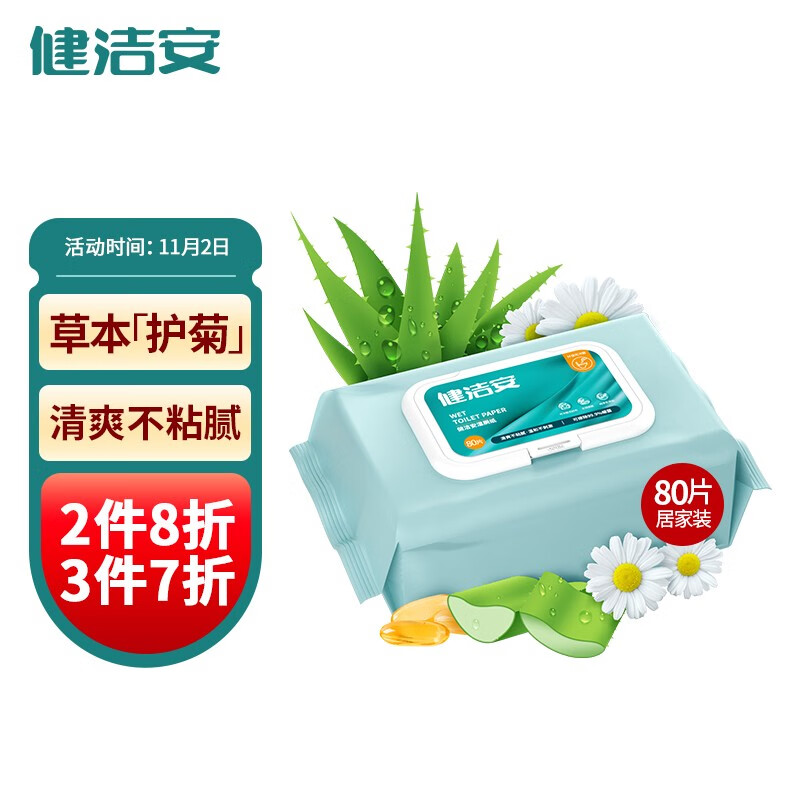 200-30券  【买15件】
健洁安湿厕纸80片   （可冲马桶） 
折后单价: 11.95 折扣比例: 2.2折 
