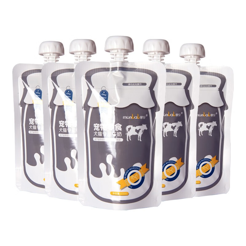 蒙贝宠物牛奶125ml×7袋幼猫孕犬专用牛奶
 
拍4件，5折叠99-10券，实付53.8，折13.45每件
还有赠品