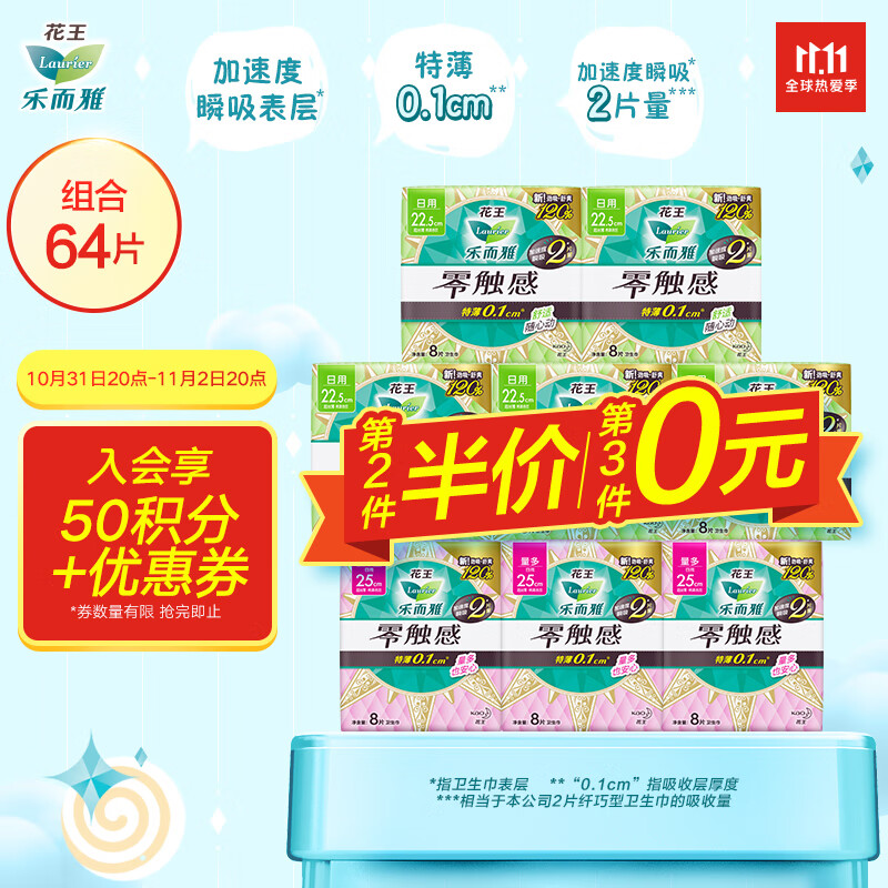 反馈花王乐而雅零触感轻巧组合64片，店铺首页领299-60券+商品页面
可领299-30券，买4件116.71
