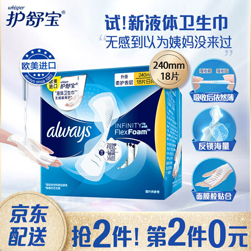 护舒宝欧美进口
液体卫生巾日用240mm 18片
 
拍3件，5折+页面满128享8.8折劵，折22元/件