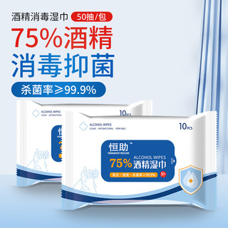 恒助 酒精湿巾75%酒精家用湿纸巾消毒杀菌大包装75%湿巾100抽(10片*10)