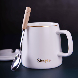 传旗 陶瓷马克杯带勺子盖子350ml大容量创意马丁杯咖啡杯情侣杯牛奶杯早餐杯办公室水杯子男女茶杯 描金白
