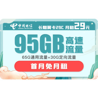 CHINA TELECOM 中国电信 长期翼卡 29元/月（65GB通用流量+30GB专属流量） 长期套餐