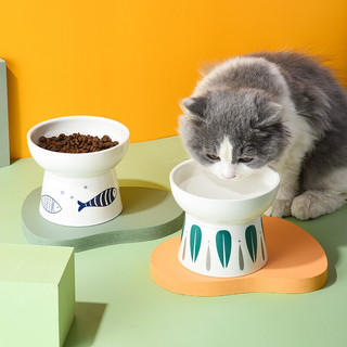 宠物陶瓷碗日式猫碗高脚猫粮碗水碗宠物碗防颈椎病猫食盆防翻斜口