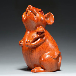 贝柚 黑檀木雕老鼠摆件十二生肖木制鼠家居客厅办公桌面装饰工艺品 花梨如意鼠 高8厘米