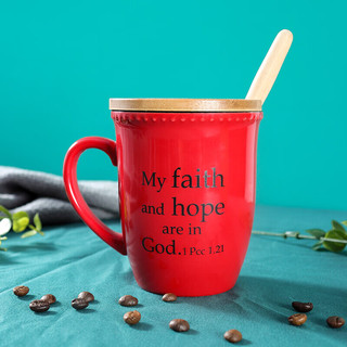 Beisesi 贝瑟斯 简约陶瓷喝水杯子咖啡杯牛奶杯带盖带勺大容量喝水杯 红色Faith