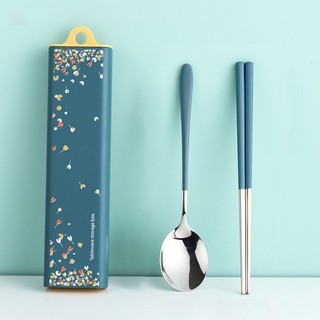 品喻 PINYU）便携餐具 食品级不锈钢筷子勺子套装学生二件套收纳盒单人装 淡蓝色郁金香2件套