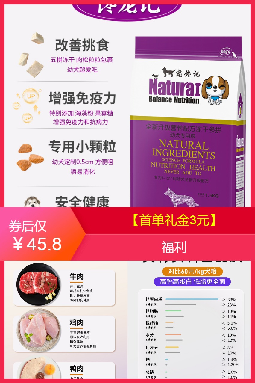 【补贴价:45.8元】 【宠馋记】鲜肉幼犬专用奶糕冻干狗粮