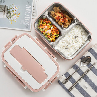 MAXCOOK 美厨 304不锈钢饭盒 加大加深3格学生饭盒便当盒 粉色系带提手带分隔配餐具MCFT000 1.2L