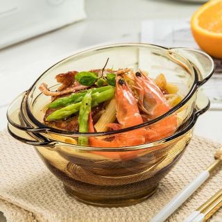 忆多彩 双耳玻璃碗茶色碗碟套装水果沙拉碗家用耐高温汤碗泡面碗饭碗餐具 2只装500ml琥珀双耳碗