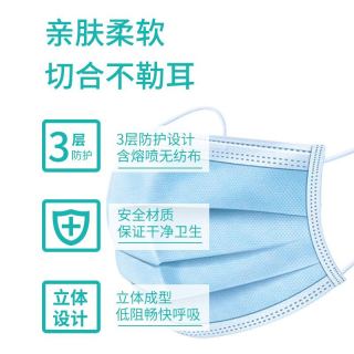 WOLSGIN 乌斯京 一次性囗罩防飞沫防粉尘成人男女通用舒适透气防护用口罩 含熔喷布材质 蓝色 50只/盒