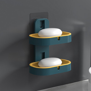 小钰头 免打孔双层肥皂盒卫生间创意吸盘沥水洗衣洗脸肥皂架胰子盒置物架 墨绿（F21）